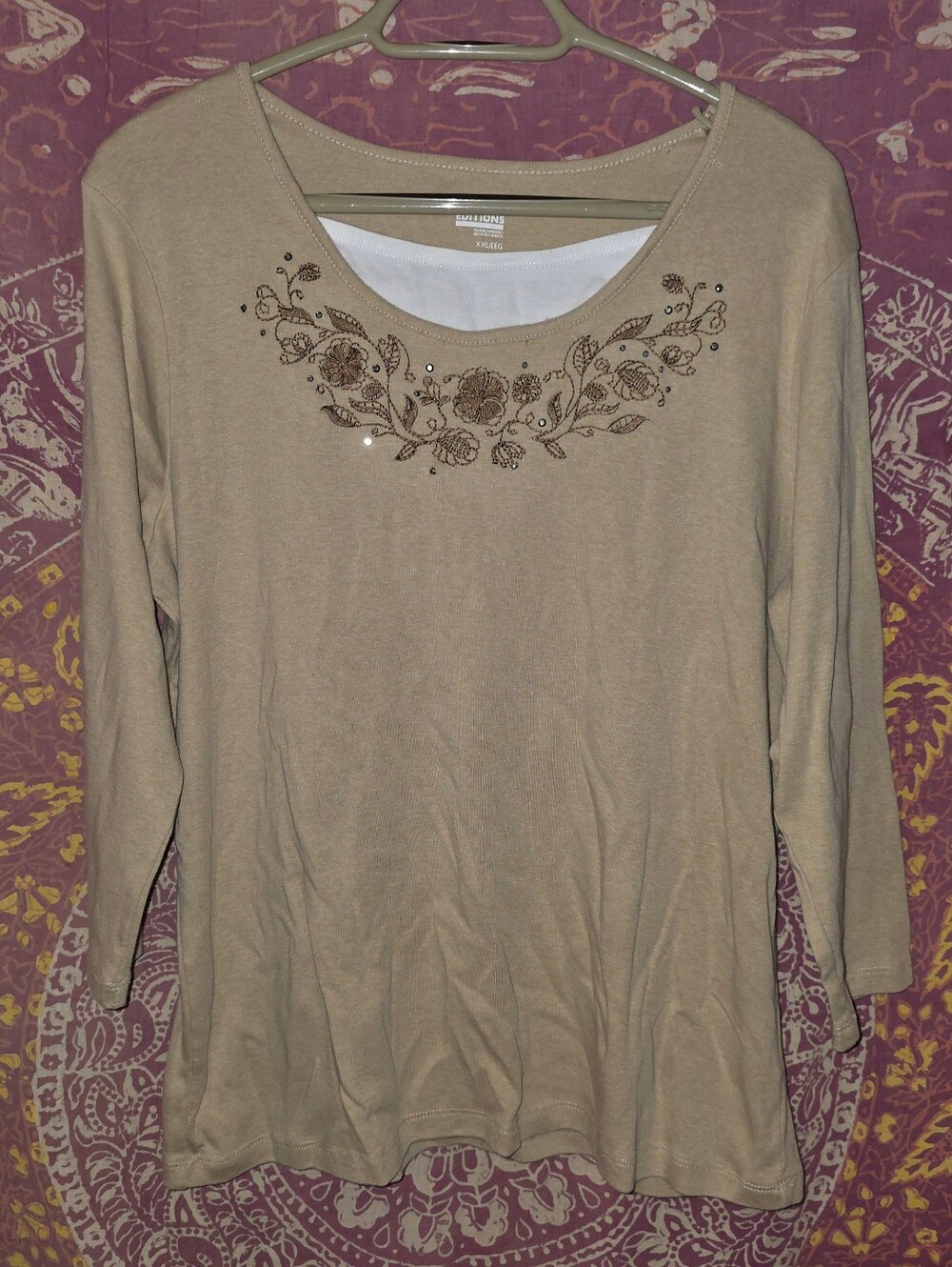 Basic Editions Womans Embelished Top 1x/ Tan White Brown